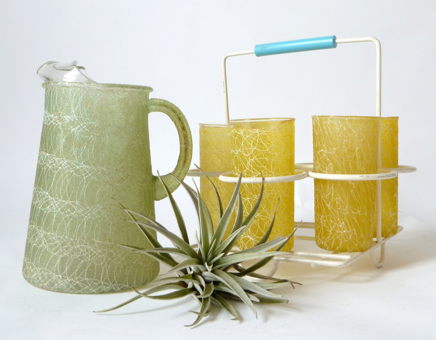 Vintage Green Spaghetti String Pitcher and Yellow Glasses ... Color Craft, Garden Party, Glassware, Serving, Retro, MCM