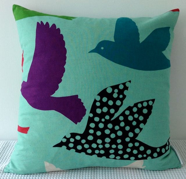 Japanese fabric cushion cover in aqua background with colourful bird motif, throw pillow, decorative cushion