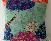 Japanese aqua cushion cover with animal and plant motif, throw pillow, decorative cushion