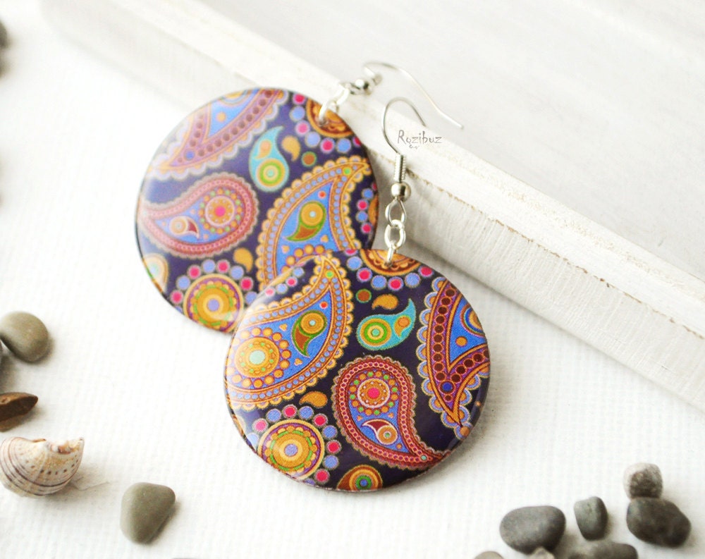 Dark paisley earrings dangle -  resin earrings, red blue earrings, ornament jewelry print, black, gift idea for her - made to order
