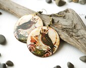 Owl dangle earrings - bird earrings, resin earrings, print owl jewelry, nature forest, gift idea for her - made to order