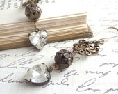 Rhinestone Heart Earrings Antique Brass Filigree Long Dangles Vintage Style Valentine Wedding Bridal