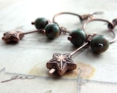 Star Drop Earrings Copper Hoops African Green Opal Celestial Shooting Star Boho Whimsical Rustic