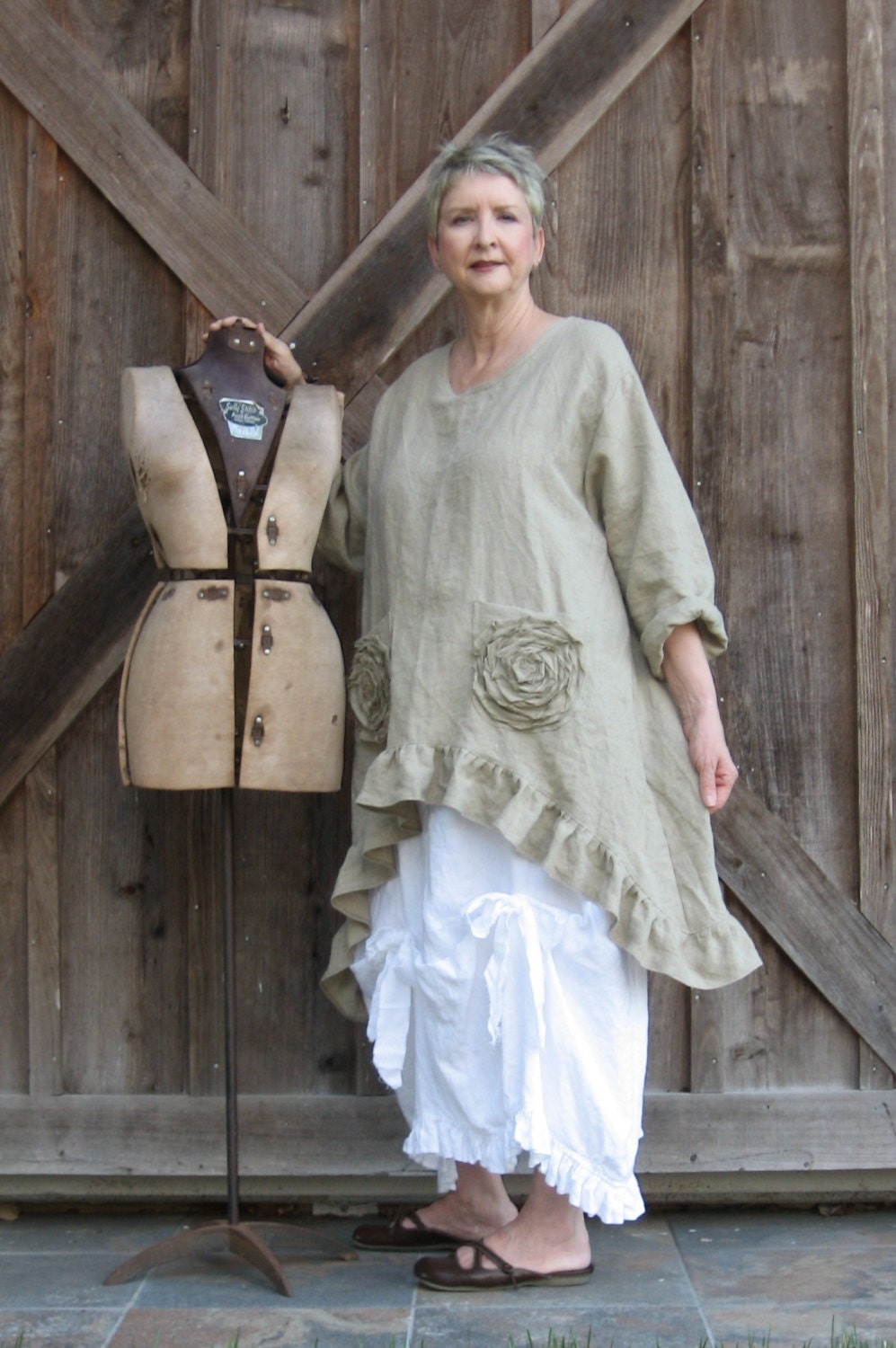 washed linen tunic top in dark natural  with ruffles