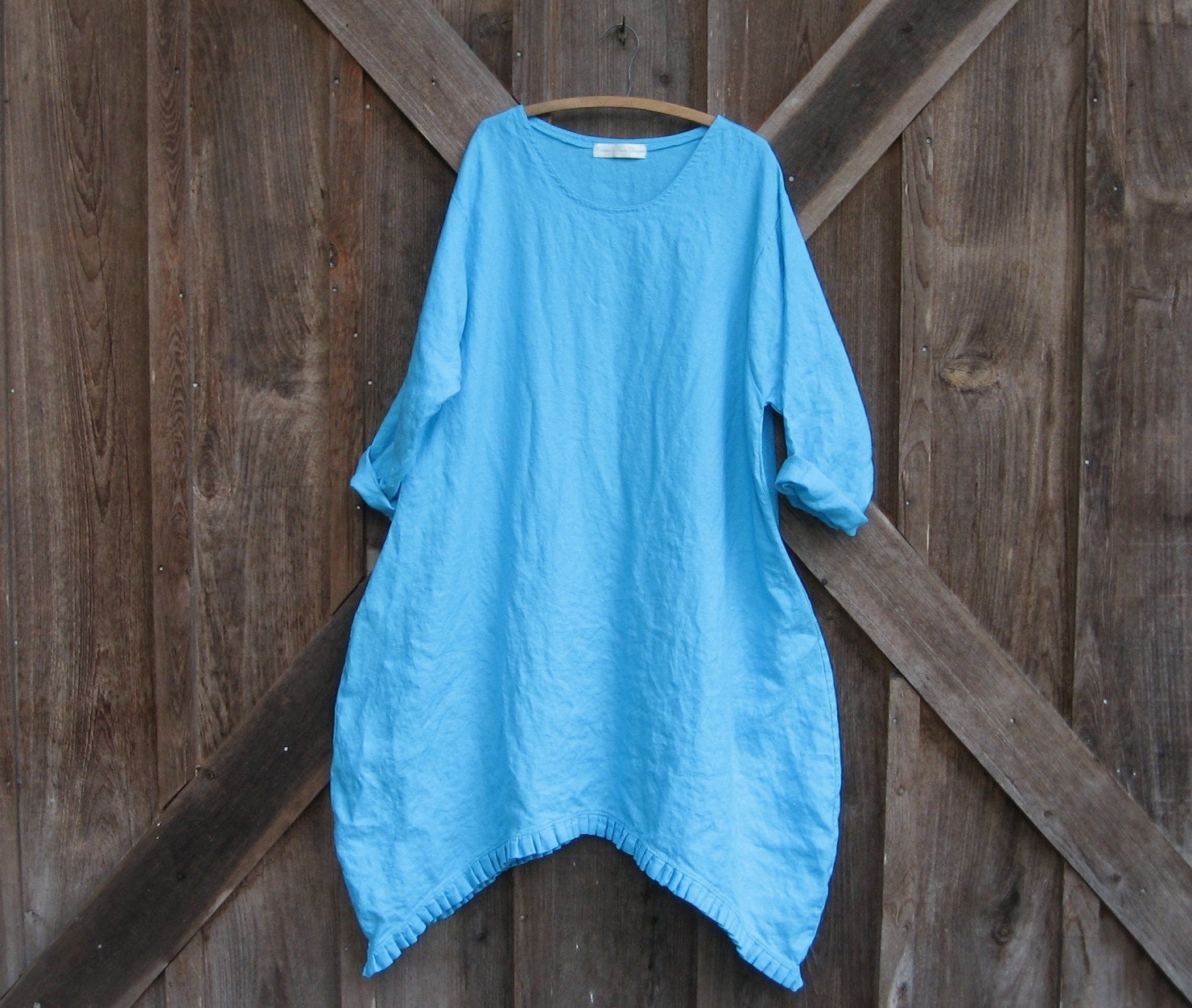 linen dress  tunic in turquoise with ruffle contemporary Ethnic