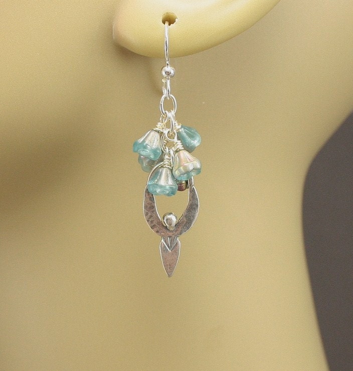 Goddess Earrings Artisan Sterling Silver Turquoise Flowers Goddess Dangle Earrings