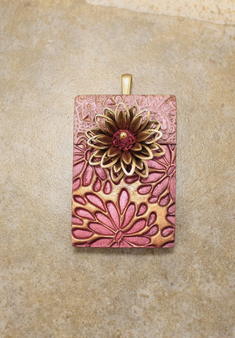 Flower Pendant Dusty Rose Pink Bronze Brass Mixed Media Pendant Handcrafted Art Bead Shabby Boho Chic