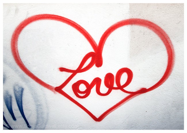 Paris street art - LOVE - heart, red, spray paint, graffiti, Valentine's Day - 5x7 Original Fine Art Photograph