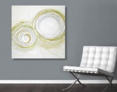 Large Abstract Acrylic Painting Original Fine Art 36"x36" by Linnea Heide - white circles - pale celadon green - metallic gold