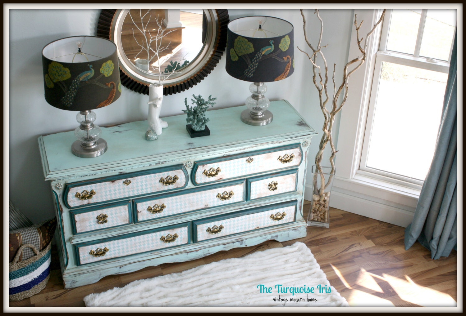 Vintage Turquoise & Teal Distressed Houndstooth Dresser