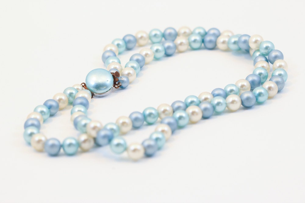 Blue and White Pearl Necklace - Double Stranded