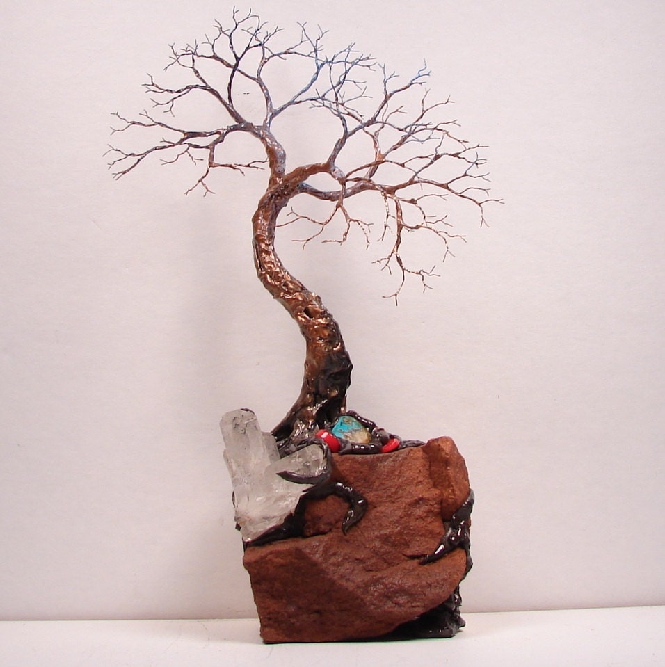 Wire Tree Of Life SPiRiT sculpture on Red Sandstone, Turquoise, Red Coral, Quartz Crystal cluster, original art