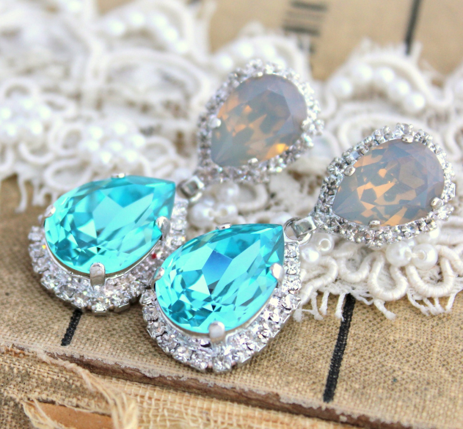 Crystal chandelier blue and grey - Silver plated earrings real swarovski rhinestones .