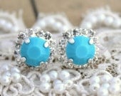 Blue Turquoise Crystal  stud earring - Silver plated  post earrings real swarovski rhinestones .