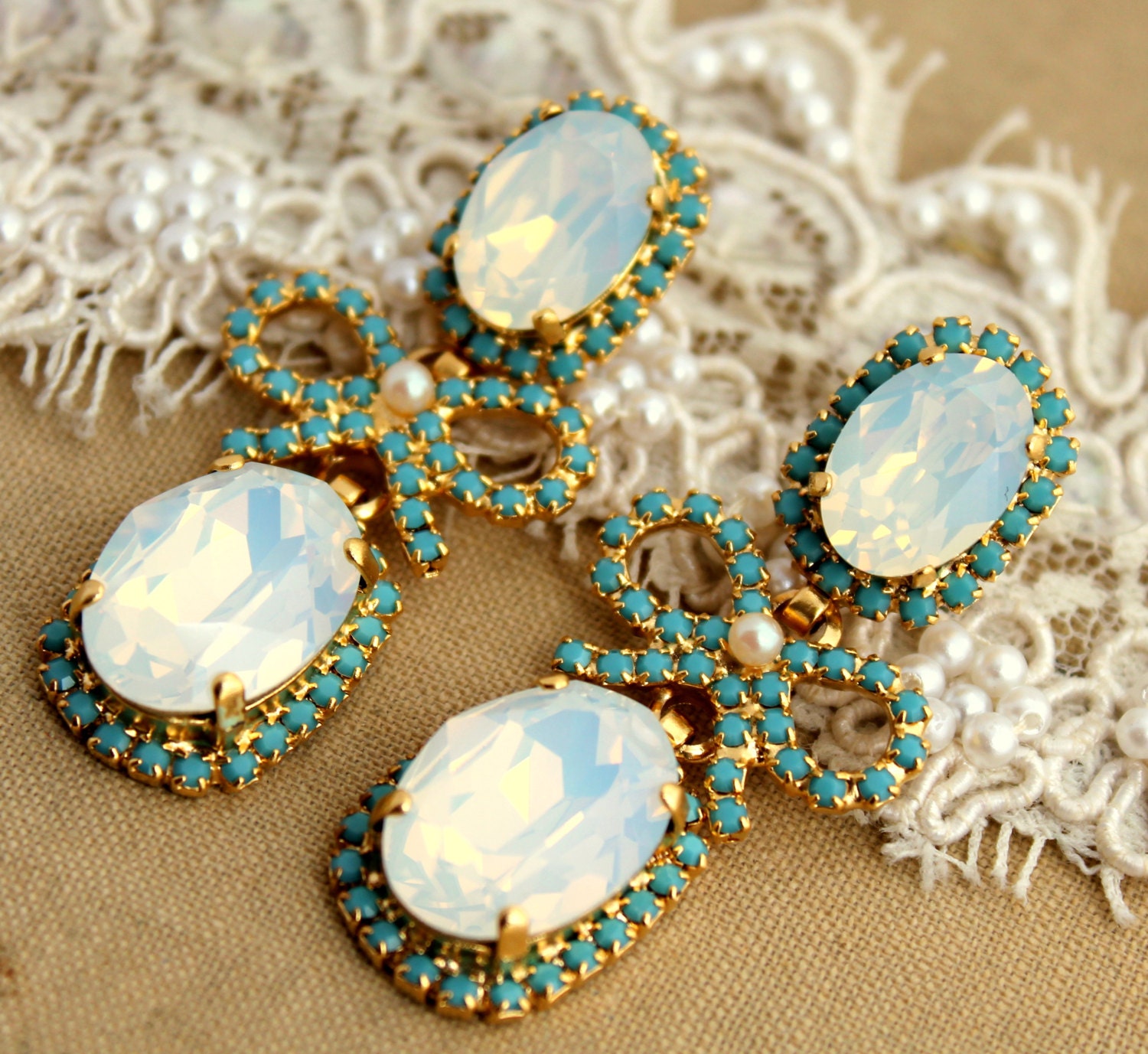 Chandelier turquoise Crystal pearls and bow's bridal jewelry - 14 k plated gold earrings real Swarovski opal and turquoise crystals .