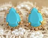 Turquoise opal vintage Crystal big teardrop stud earring - 14 k plated gold post earrings real swarovski rhinestones.