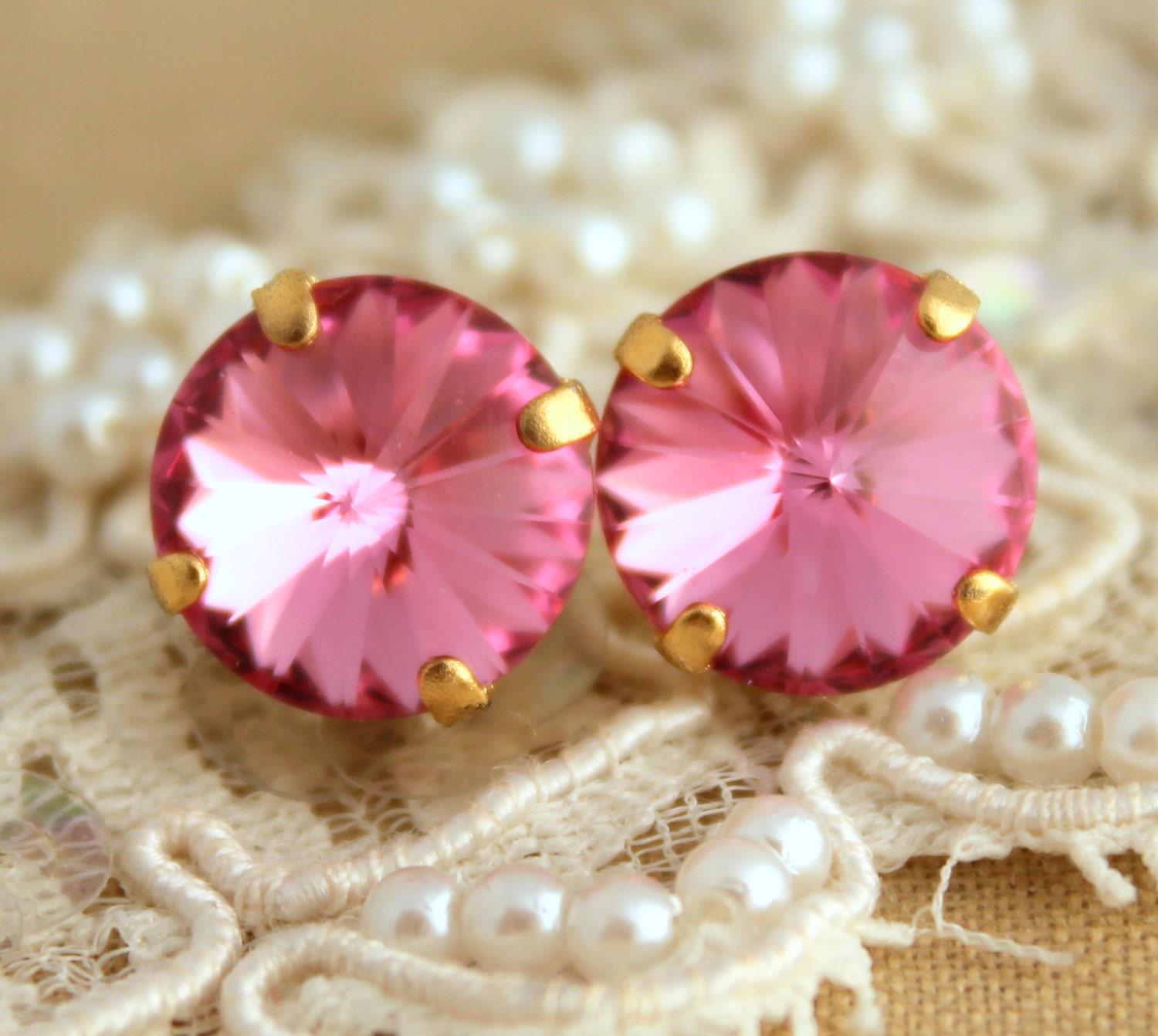 Pink stud earrings - 14k gold plated earrings with real faceted swarovski rhinestone