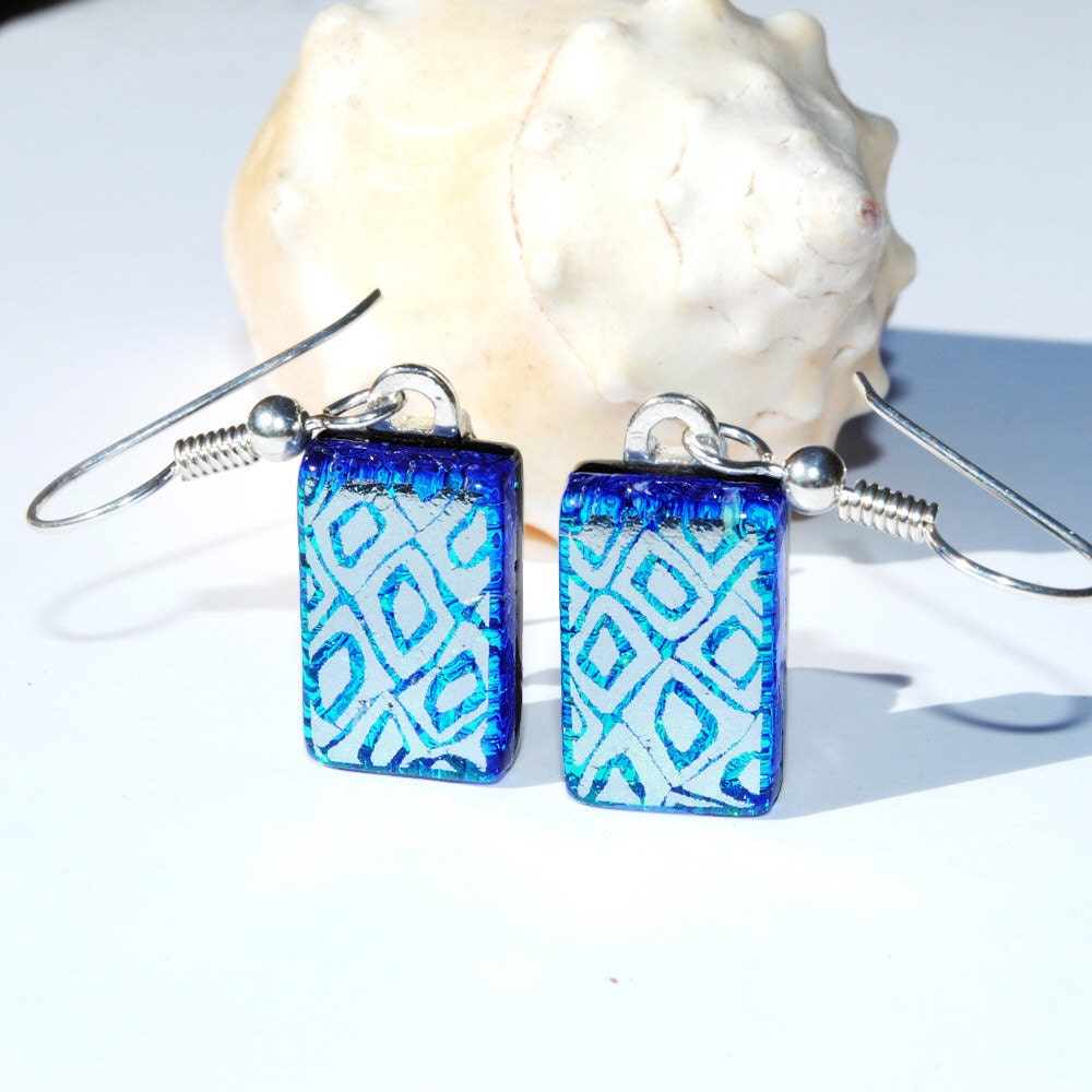 Dichroic Glass Earrings, Fused Glass Jewelry, Fashion Accessory, Sterling Silver Wires, Deep Blue Sapphire Metallic Silver (Item 30460-E)