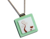 Simply Whimsical Fused Glass Pendant - Bird, Tree, Woodland, Nature, Outdoors, Kawaii - Sepia, Mint Green, White (Item 10555-P)