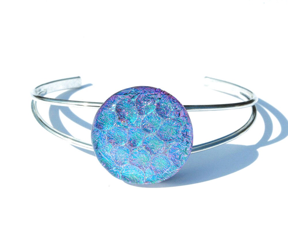Dichroic Glass Cabochon Bracelet, Fused Glass Jewelry - Cuff Bracelet - Shabby Chic, Spring Pastels, Frosty Blue and Pink  (Item 20098-B)