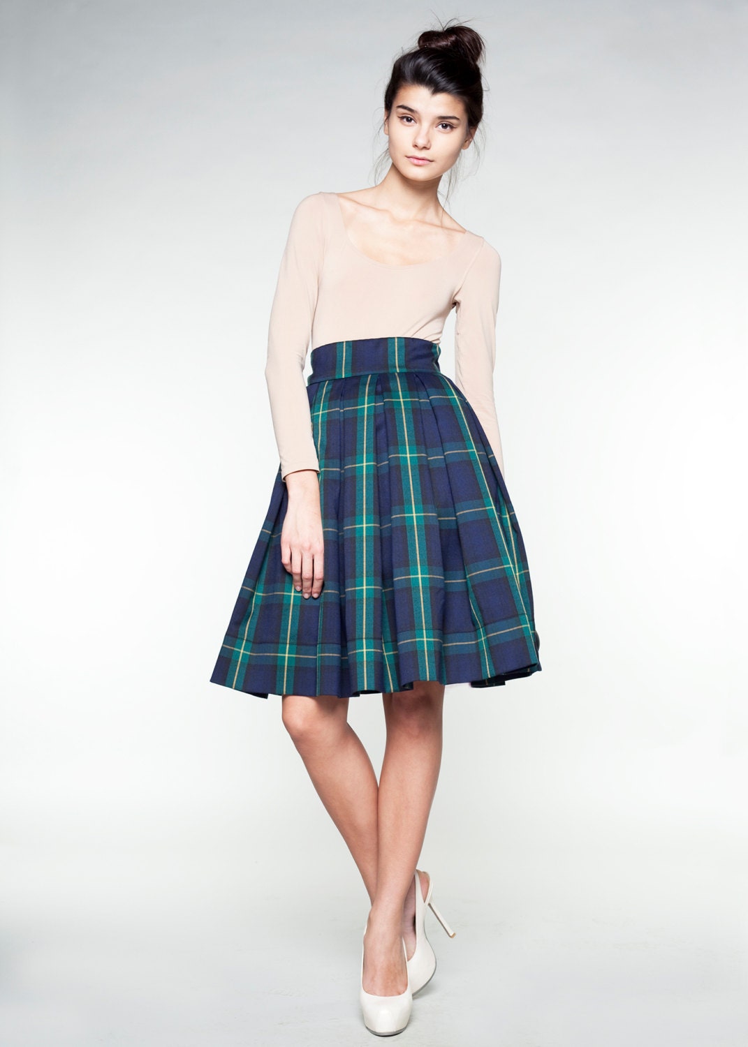 Navy Blue Tartan Woolen Skirt by Mrs Pomeranz