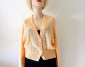 SALE- 1970s sweater / pointelle cardigan knit top / peach sorbet