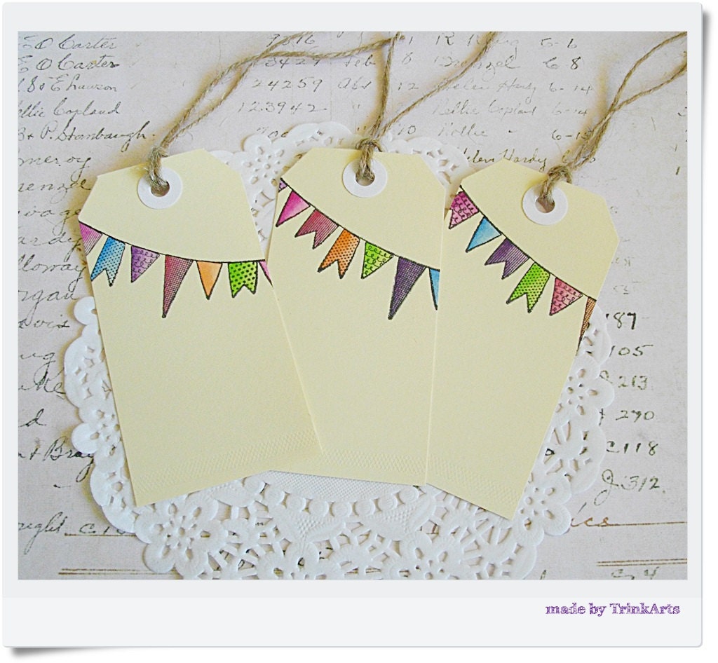 Bright & Colourful Bunting Original Watercolour Gift Tags Shipping Tags with String Set of 3
