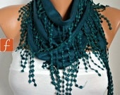 BIG SALE Green Scarf Women Pashmina Scarf - Cotton Scarf - - Cowl with Lace Edge - fatwoman