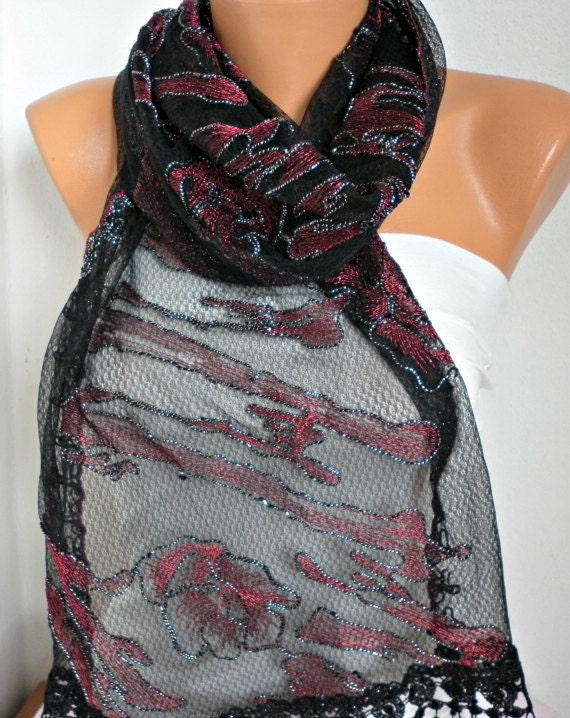 Black Lace Scarf - Shawl Scarf - Cowl Scarf with Lace Edge - Red Roses