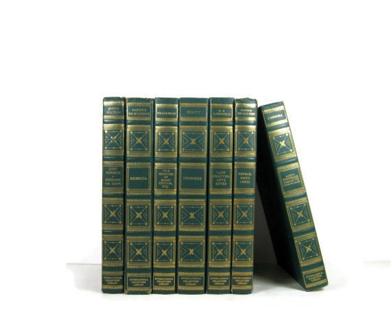 Green  Books with Gold Lettering Collection Vintage Books Decorative Books for Wedding Decor