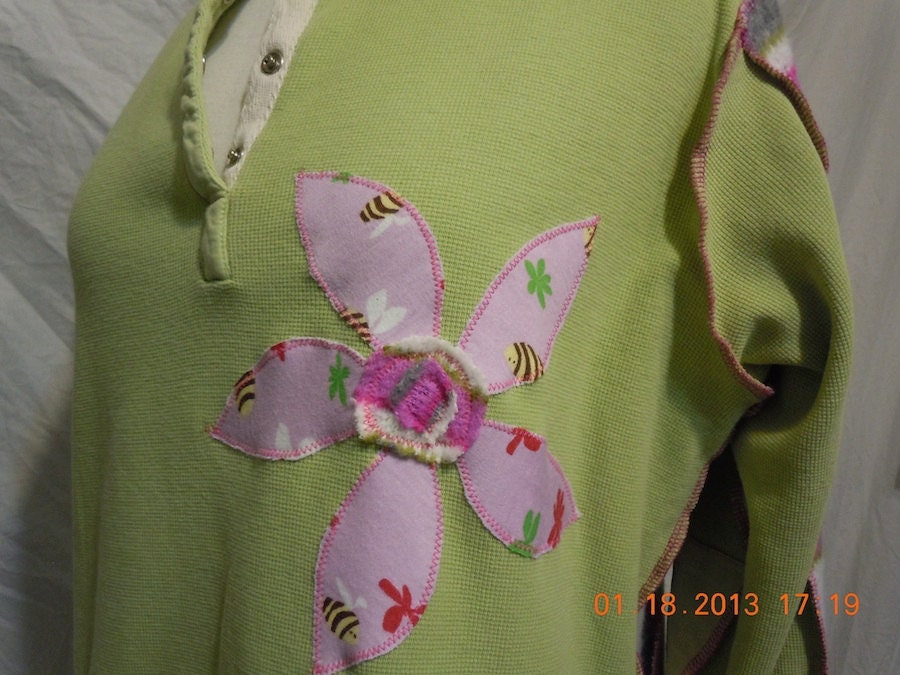 Upcycled Sportif thermal TeE in spring green, pink, stripes, exposed seams, long sleeve, no.154
