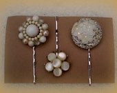 Vintage Pearl Floral Romantic Jeweled Bobbie Pin Trio