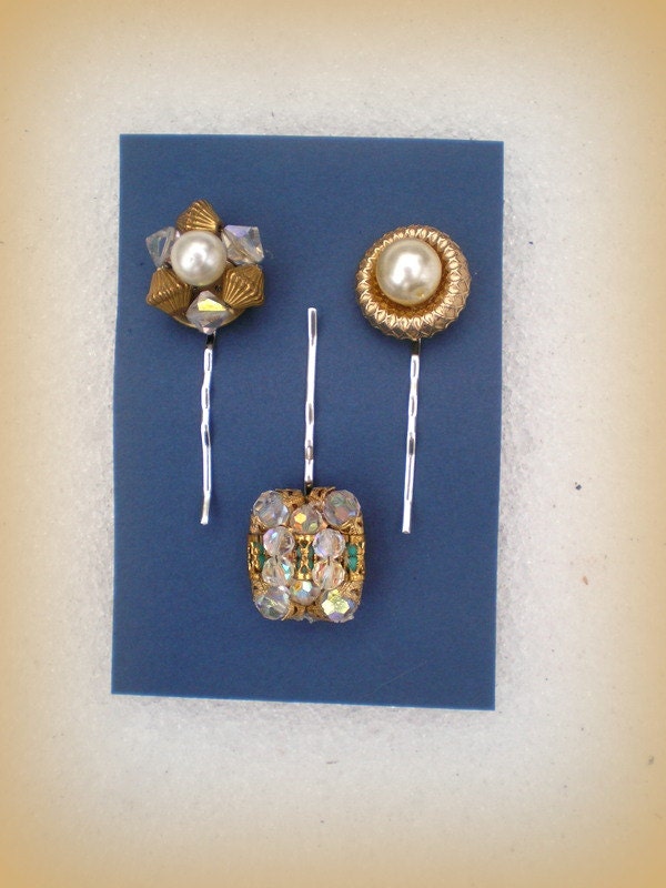 Vintage Rhinestone Pearl Cluster Upcycled Bridal Bobby Bobbie Pin Trio