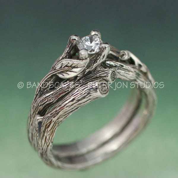 ACADIA WEDDING RING Set - Engagement Ring, Matching Weddng Band, 14k white gold with White Sapphire