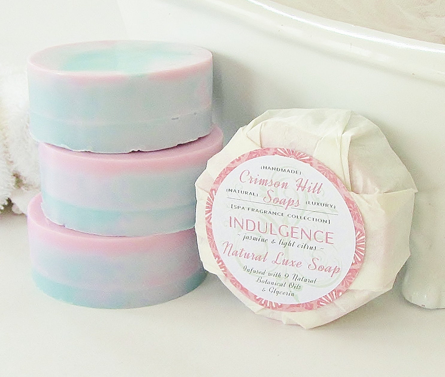 INDULGENCE Natural Round Soap - Jasmine & Light Citrus scent, large 5 oz soap, gift wrapped, handmade, glycerin, vegan