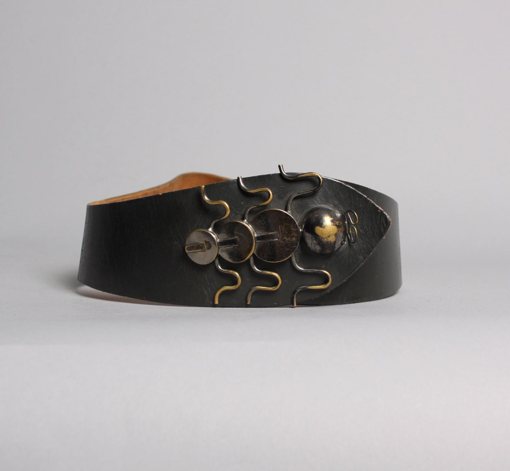 60s Black Leather NOVELTY BELT / Ant INSECT Metal Buckle, sm