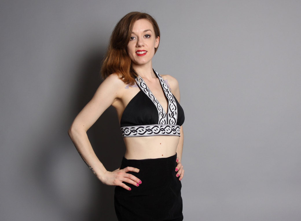 70s Hawaiian Halter BIKINI TOP / Miss SHAHEEN / Black & White Tiki, xs