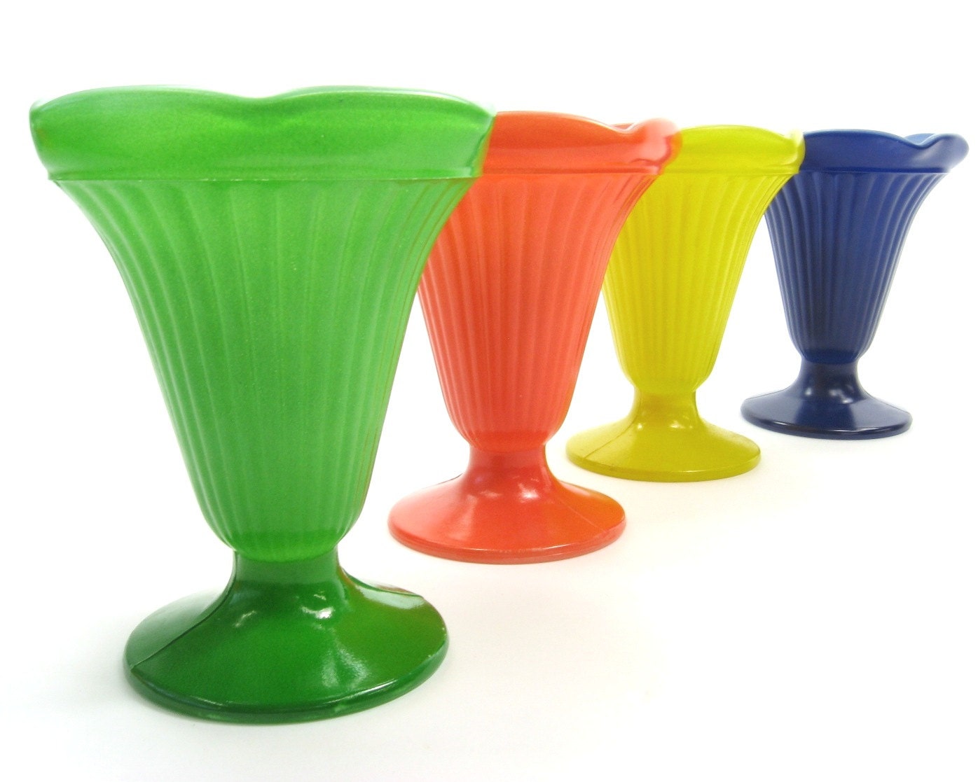 Ice Cream Sundae Parfait Cups Painted Glass Rainbow Dessert Set of Four Primary Color Bowls / Dishes
