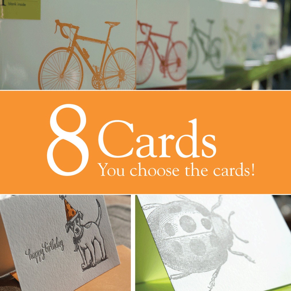 Pick any 8 letterpress printed cards, Value pack, eco-friendly