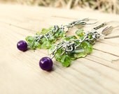 Birthstone jewelry Green peridot gemstone amethyst round bead cluster dangle earrings. Nature inspired jewelry