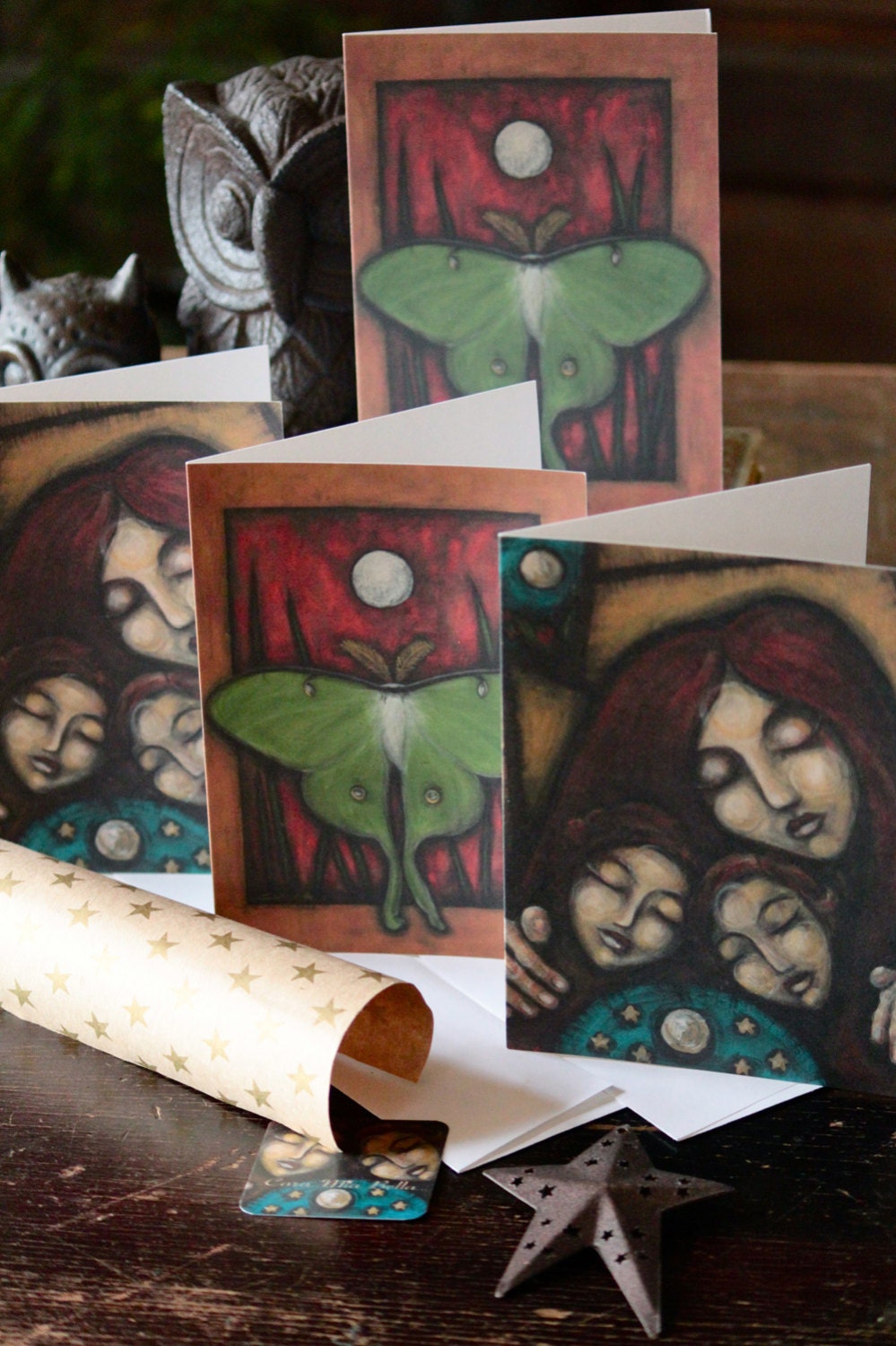 We'Moon Art La Luna Notecard Set of 6 Blank 5 x 7 Mother Moth Butterfly Family Nature Moon Stars Magic Goddess Sacred Feminine