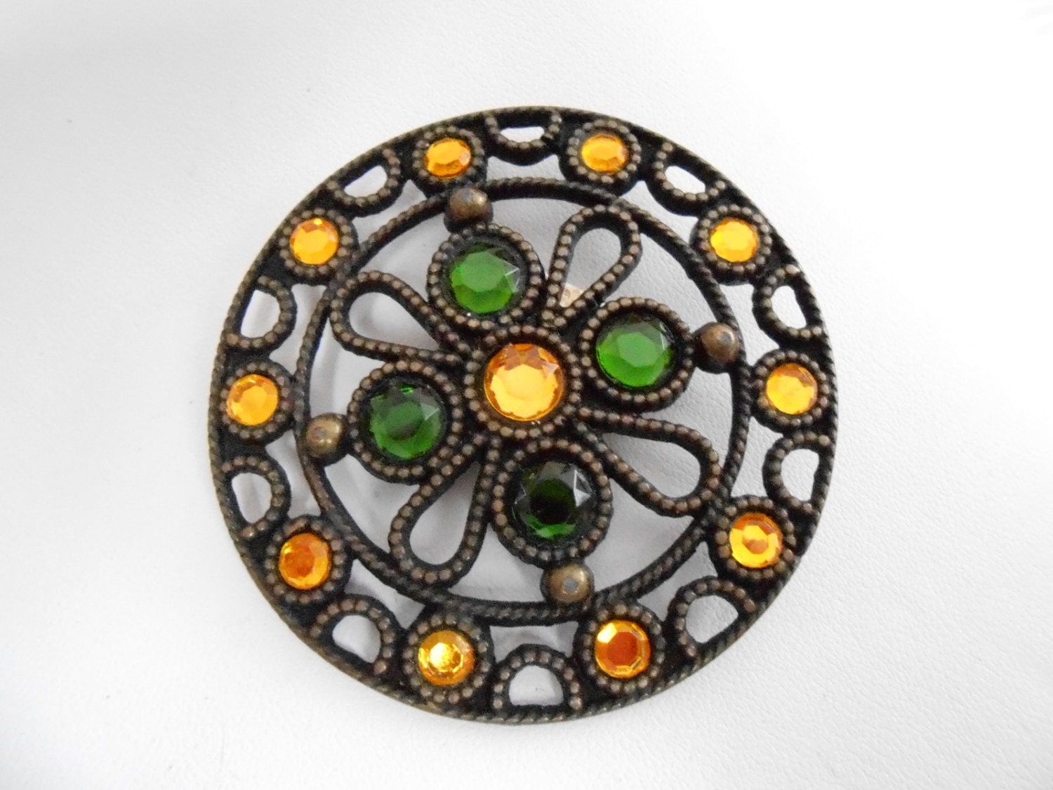 Vintage brooch, green and gold crystal brooch, 1940s retro brooch, designer brooch, statement brooch, vintage jewelry