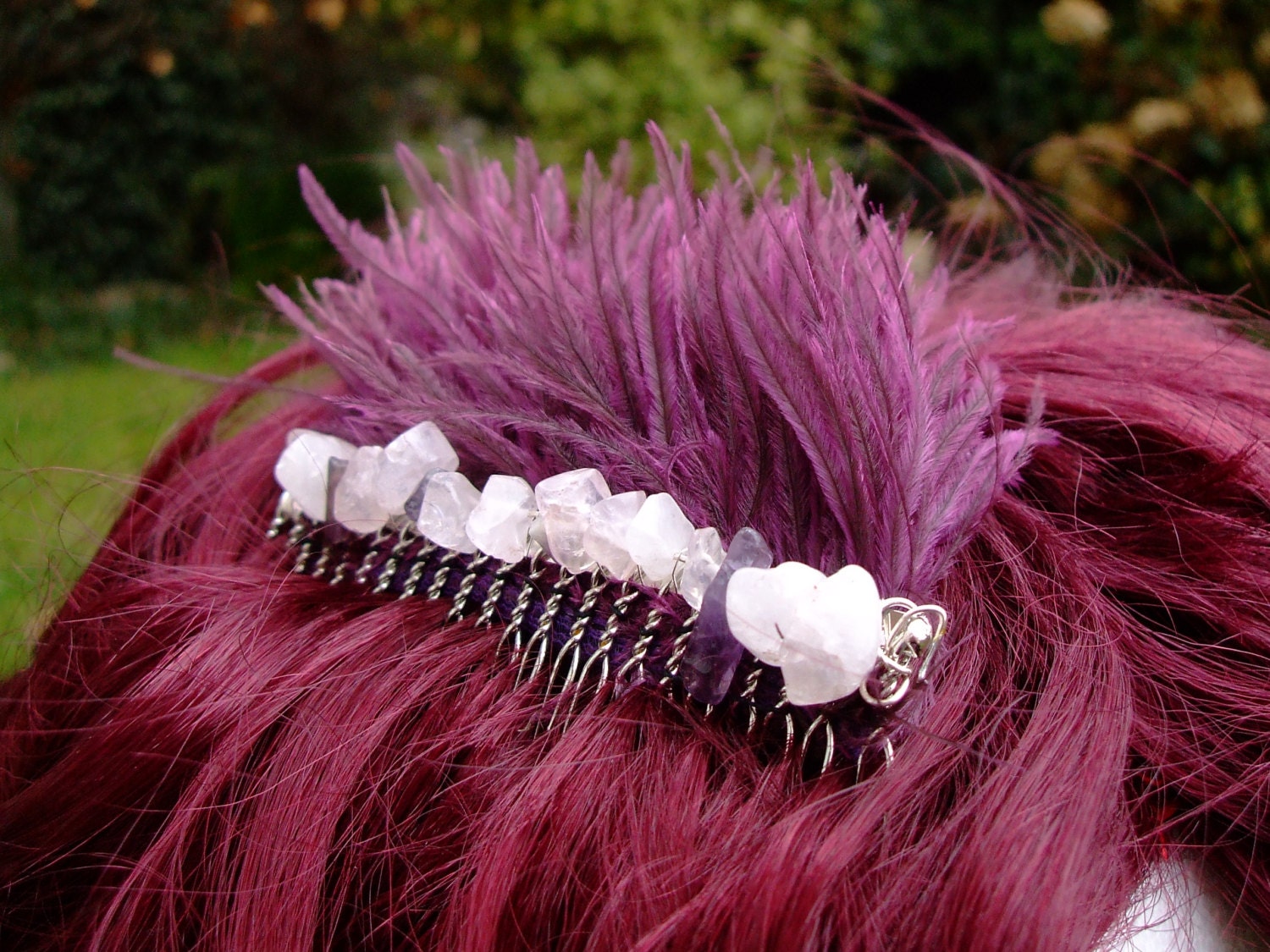 Pair of rose quartz, amethyst and feather hair combs