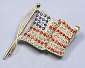 Vintage Flag Brooch 1970s Red White Blue Rhinestones