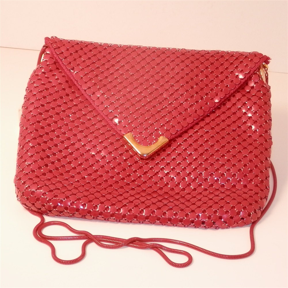 Red Mesh Purse Vintage 1970s Metallic Handbag Clutch