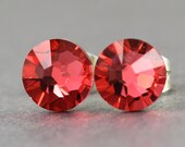 Swarovski Stud Earrings : Padparadscha Swarovski Crystal Earrings, Sterling Silver Plated Earring Posts, Red Orange, Coral, Neon