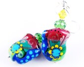 Glass Bead Earrings, Green Lampwork Earrings, Fuchsia Blue Beadwork Earrings, Colorful Abstract Earrings, Lampwork Glass Bead Jewelry