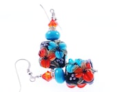 Colorful Lampwork Earrings, Glass Bead Earrings, Turquoise Orange Flower Earrings, Glass Bead Jewelry, Beadwork Earrings, Lampwork Jewelry