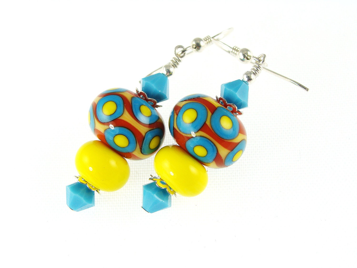 Glass Bead Jewelry, Turquoise Yellow Lampwork Earrings, Dangle Earrings, Beadwork Earrings, Lampwork Jewelry, Colorful Earrings