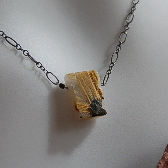 Rough Gold Rutilated Quartz & Oxidized Silver Necklace